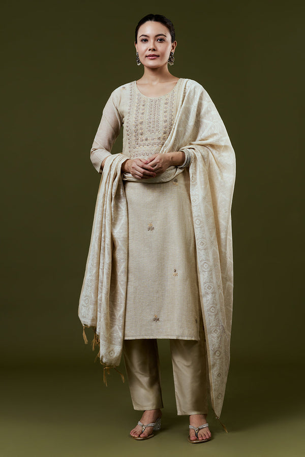 Beige Khadi Silk Suit Set with Resham and French Knots Embroidery