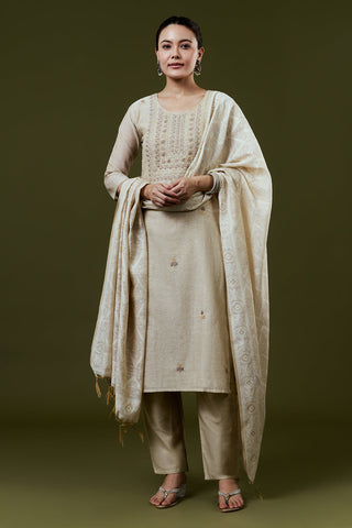 Beige Khadi Silk Suit Set with Resham and French Knots Embroidery