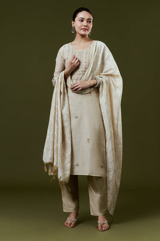 Beige Khadi Silk Suit Set with Resham and French Knots Embroidery