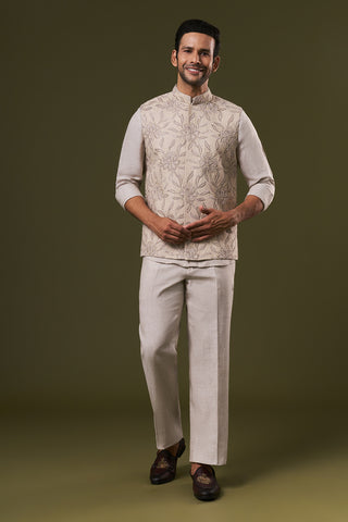 Beige Linen Mens Short Kurta Jacket Set with Sequins and Thread Work