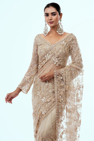 Beige Net Saree with Sequin Work