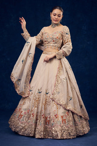 Beige Organza Lehenga with Forest Inspired Motifs and Resham Embroidery