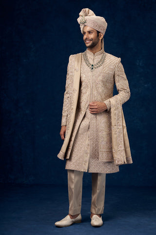 Beige Raw Silk Embroidered Groom Sherwani with Resham and Bead Work