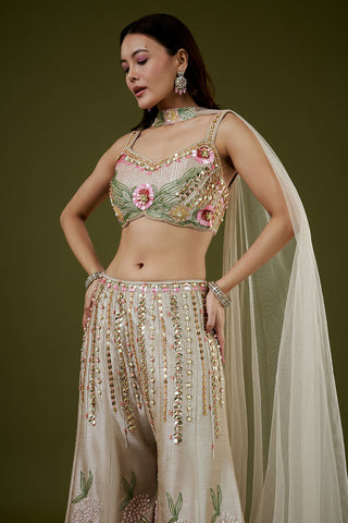 Beige Raw Silk Palazzo Set with 3D Floral Work