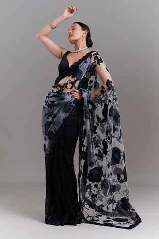 Black and Grey Satin Appliqué Saree and Stitched Blouse
