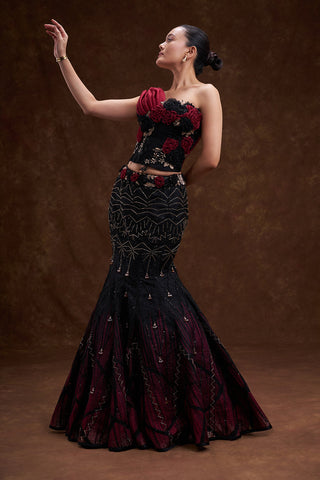 Black and Red Shaded Organza Fishcut Lehenga Set