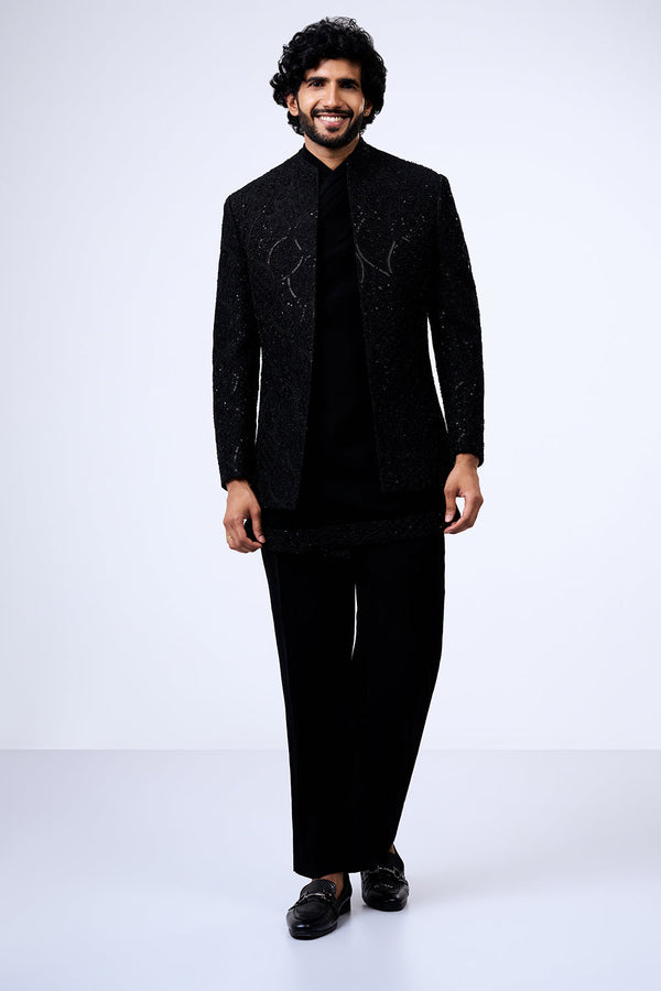 Black Art Silk Cut Dana Embellished Jacket Set