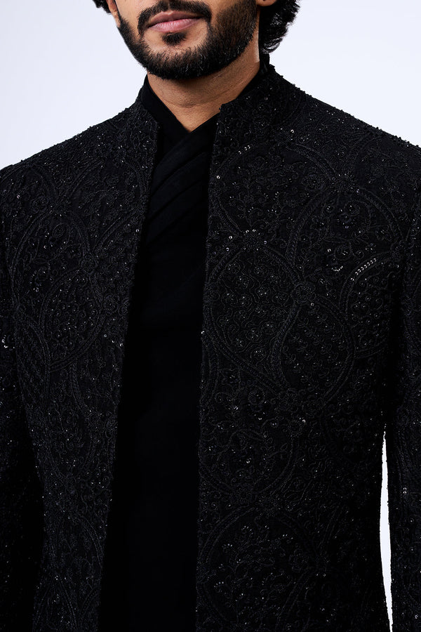 Black Art Silk Cut Dana Embellished Jacket Set