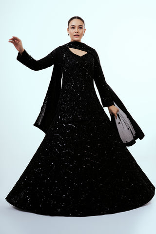 Black Chiffon Kurta Style Lehenga with Cutdana and Sequins