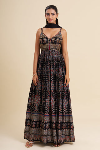 Black Cotton Anarkali with Ajrakh Work