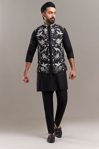 Black Cotton Jute Bird Motif Men's Jacket With Kurta