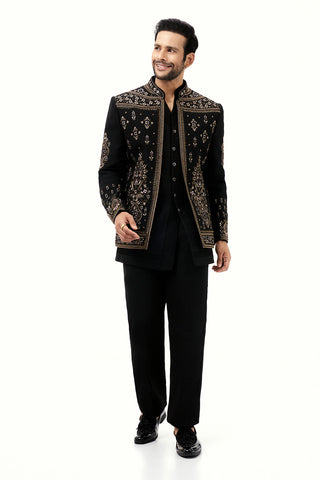 Black Cotton Jute Mens Jodhpuri Set with Resham and Cutdana Work