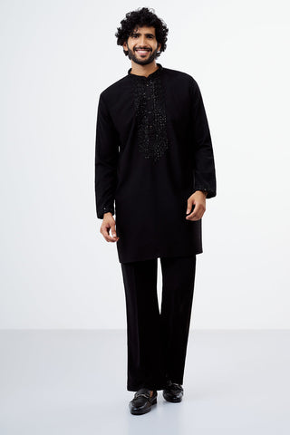 Black Embroidered Polyester Cotton Men's Kurta Set