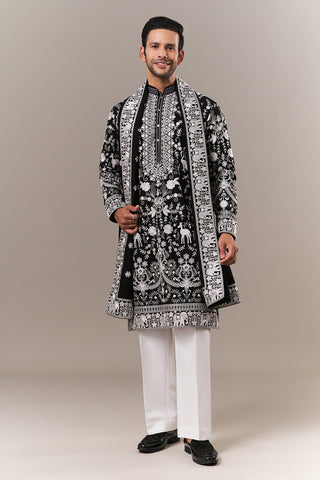 Black Georgette Mens Kurta Set with Parsi Embroidery