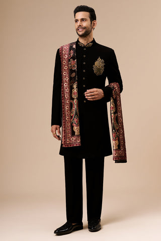 Black Georgette Mens Indo Western with Embellished Metal Motif