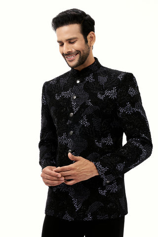 Black Georgette Mens Jodhpuri Set with Cutdana and Resham Work