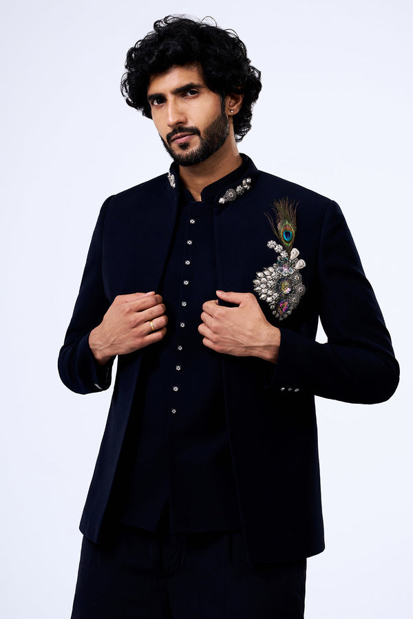 Black Japanese Armani Peacock Brooch Jacket Set
