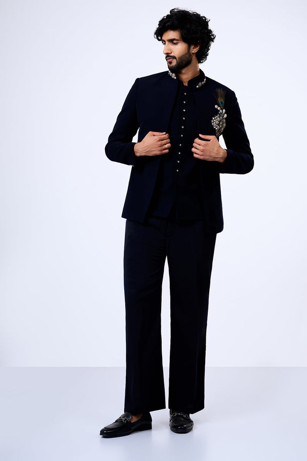 Black Japanese Armani Peacock Brooch Jacket Set
