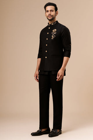 Black Linen Embroidered Bundi Set with Zardosi and Cut Dana Work