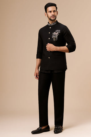 Black Linen Embroidered Bundi Set with Zardosi Botanical Motif