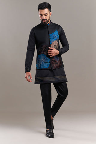 Black Nokia Silk Floral Appliqué Men's Kurta with Jacket