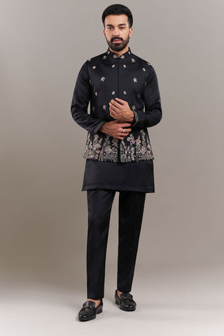 Black Nokia Silk Garden Border Men's Kurta with Jacket