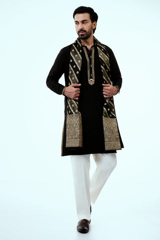 Black Art Silk Mens Kurta Set with Embroidery Work