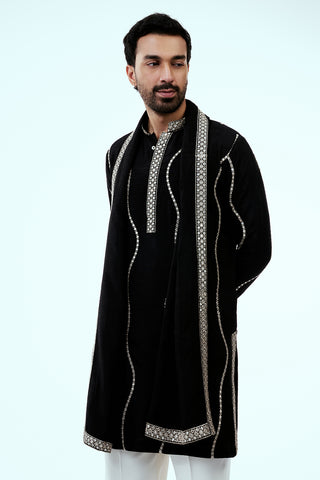 Black Nokia Silk Mens Kurta Set with Mirror Work and Zari Embroidery