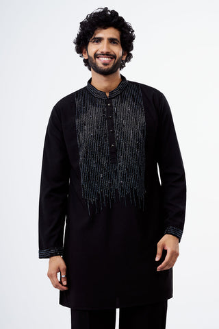 Black Polyester Cotton Sequins Work Men's Kurta Set