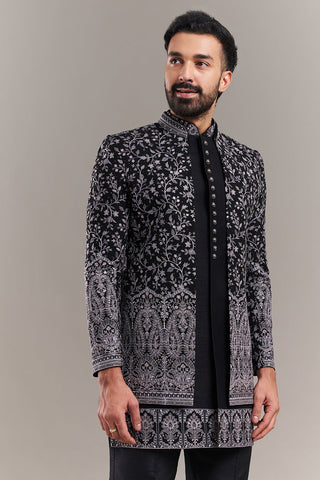 Black Silk Blend Floral Men's Indo-Western Set