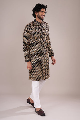 Black Silk Men's Kurta Set with Sequin Work