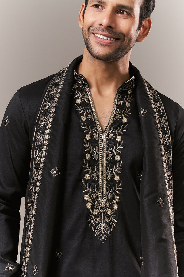 Black Tissue Mens Kurta Set with Zardosi and Sequins Work