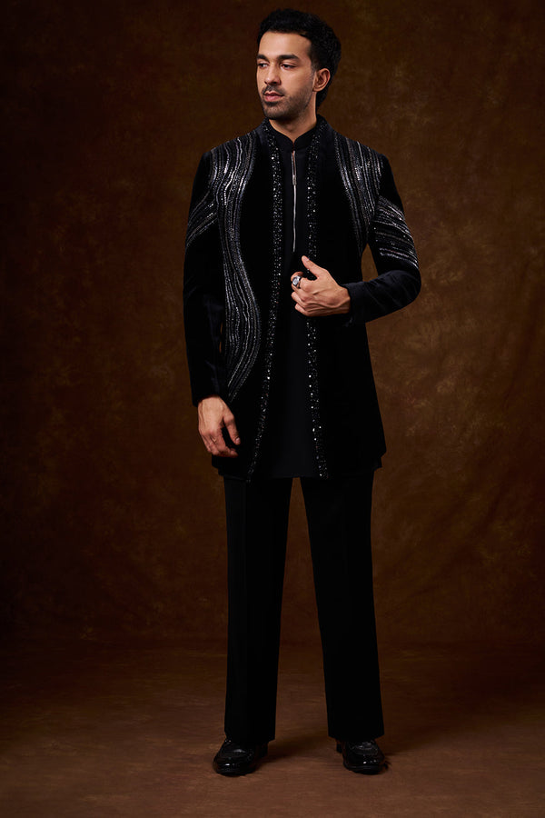 Black Velvet Men's Indo-Western Set with Sequin Work