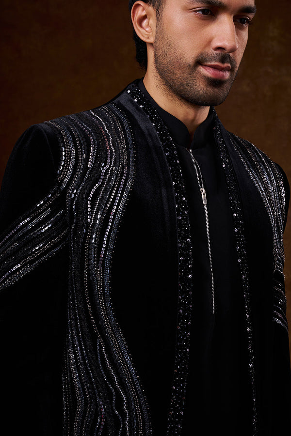 Black Velvet Men's Indo-Western Set with Sequin Work