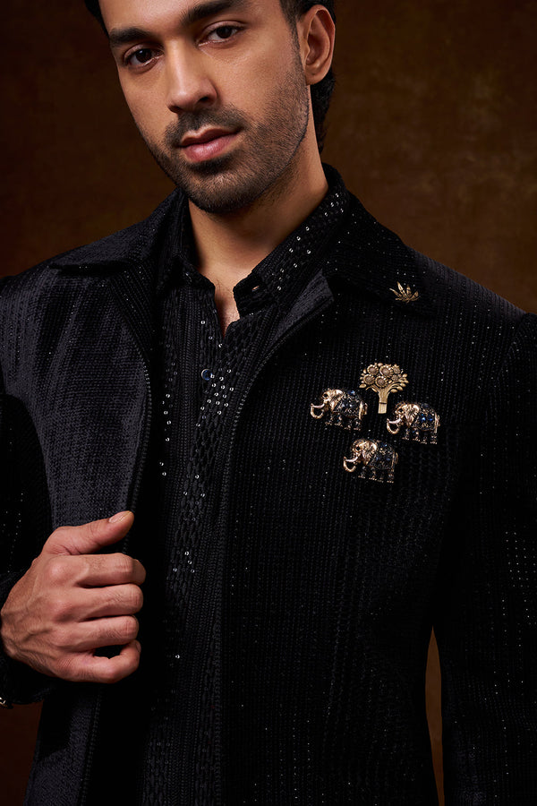 Black Velvet Men's Indo-Western Suit Set with Stone Work