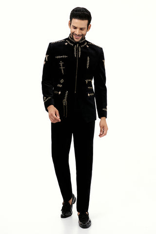 Black Velvet Mens Jodhpuri Set with Cutdana Work