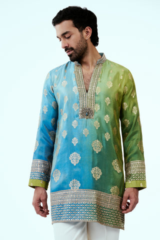 Blue and Green Ombre Kurta with Golden Floral Buti and Medallion Motifs