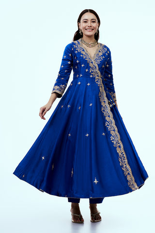 Blue Art Silk Angrakha Suit Set with Zardosi Work