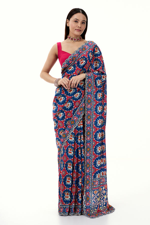 Blue Art Silk Patola Printed Saree with Mirror Work