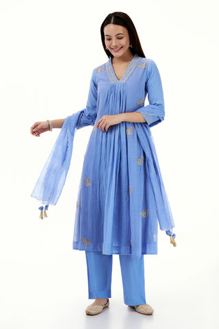 Blue Mul Cotton Kurta Set with Zardosi Work