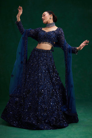 Blue Net Bridal Lehenga with Cutdana, Sequin and 3D Floral Work
