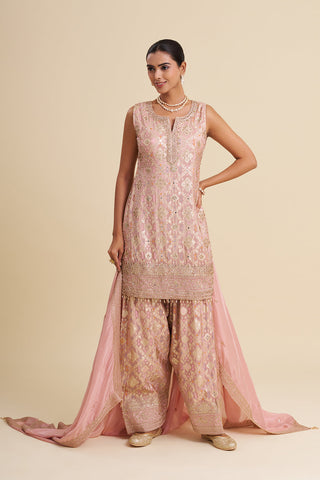 Blush Pink Banarasi Buti Kurta Set with Zari Embroidery and Brocade Farsi Salwar