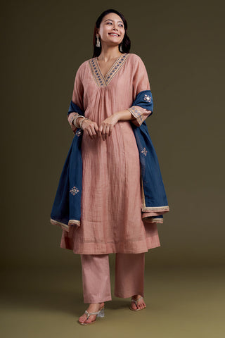 Blush Pink Chanderi Silk Kurta Set with Navy Blue Mirror-Work Dupatta