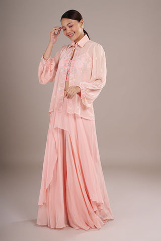 Blush Pink Chiffon Jacket Sharara Set with Sequin Embroidery