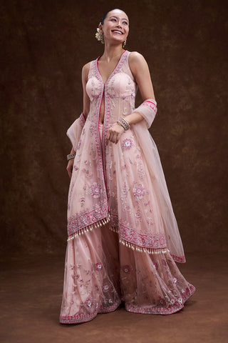Blush Pink Embroidered Jacket Sharara Set