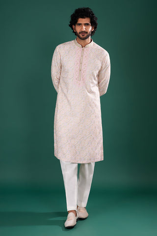 Blush Pink Men's Silk Blend Kurta Set with Floral Embroidery