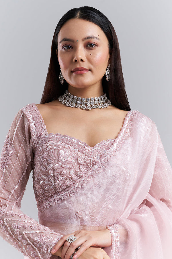 Blush Pink Organza Saree with Embellished Stitched Blouse