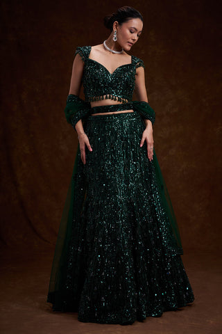 Bottle Green Bridal Lehenga with Sequin and Cutdana Work