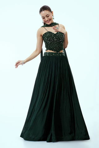 Bottle Green Crepe Lehenga with Sequinned Corset Blouse