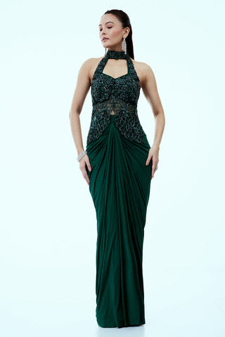 Bottle Green Satin Indo Western Set with Cutdana and Sequins Work